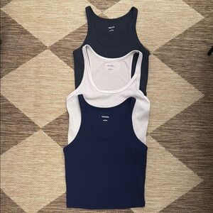 Full Length Set of Three Slim Fit Tank Tops - Charcoal, Cream, and Navy